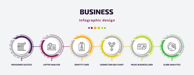 business infographic template with icons and 6 step or option. business icons such as measuring success, laptop analysis, identity card, connection box chart, music business card, globe analytics