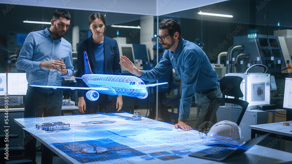 Aeronautics Factory Office Meeting Room: Team of Diverse Engineers and ...