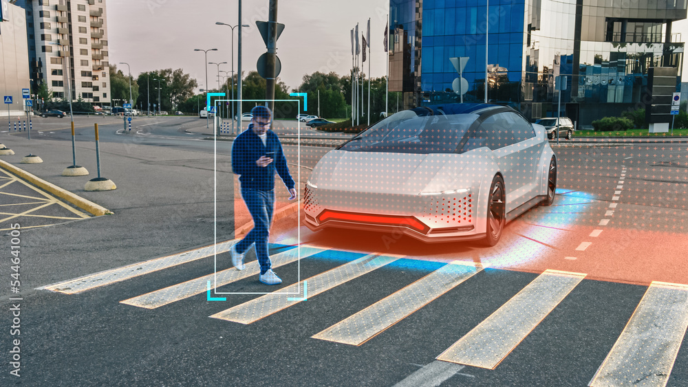 Self-Driving 3D Car Concept: Person Steps on a Crosswalk, Autonomous ...