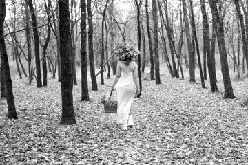 portrait of young red-haired woman in autumn forest. girl in a long white dress with basket. Beautiful women's body in silk nightwear. Background is nature dark trees orange leaves falling, sunshine.