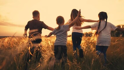 Wall Mural - children run in the park at sunset. happy family kids camp kid dream concept. a group of children run on the grass lifestyle at sunset the rays of the sun silhouette. childhood dream teamwork concept