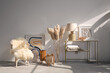 Natural element interiour livingroom with pampas, woven bambu lamps, natural light