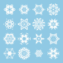 Set Of Snowflakes For Christmas Eve Holidays Ornament. Xmas Greeting Elements Collection. Artistic Filigree Snowflake Group Wor Winter Holiday Prints.