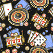 © mihmihmal - Vector seamless pattern for Casino, square repeating background with illustration of european roulette wheel, colorful casino coins, blue gambling cubes on dark background, wrapping paper for casino