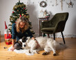 woman and white dog under Christmas tree at home