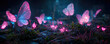 Leinwanddruck Bild - colorful fantasy forest foliage at night, glowing flowers and beautifuly butterflies as magical fairies, bioluminescent fauna as wallpaper background