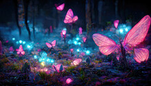 Colorful Fantasy Forest Foliage At Night, Glowing Flowers And Beautifuly Butterflies As Magical Fairies, Bioluminescent Fauna As Wallpaper Background