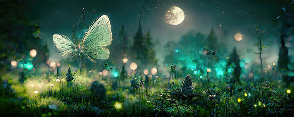 colorful fantasy forest foliage at night, glowing flowers and beautifuly butterflies as magical fairies, bioluminescent fauna as wallpaper background