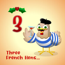 The 12 Days Of Christmas - 3-Rd Day - Three French Hens. Vector Hand Drawn Illustration With Background And Text
