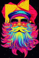 Cool Santa, Ugly Christmas Sweater, Neon Techno Colors In The Style Of Lisa Frank, AI Generated