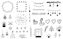 Collection Of Christmas Doodles. Set Of Hand Drawn Christmas Frames, Borders, Garlands, Christmas Decorations, Snowflakes. Vector Winter Illustration For Christmas Decor
