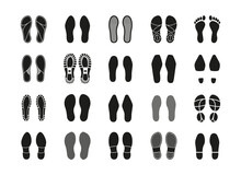 Human Footprints. Human Step Silhouettes, Barefoot Sneaker Boots Sole Baby Footsteps Women Shoes Print Trail. Vector Isolated Collection Of Barefoot Human And Imprint Foot Illustration