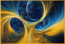 Surreal Blue And Yellow Fractal Landscape Composed Of Luminescent Globes And Spiralling Shapes