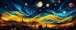 canvas print picture - Background illustration inspired by the painting of Vincent Van Gogh - Moonlit Night. Abstract futuristic landscape. Glowing moon and starry sky with planets abstract background. Backdrop.