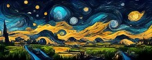 Background Illustration Inspired By The Painting Of Vincent Van Gogh - Moonlit Night. Abstract Futuristic Landscape. Glowing Moon And Starry Sky With Planets Abstract Background. Backdrop.