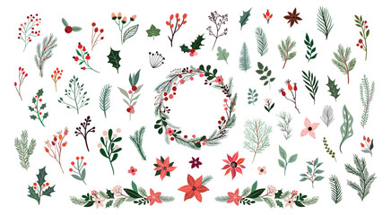 Wall Mural - christmas botanical collection with seasonal flowers and plants, floral wreath and garland, winter d