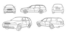 Set Of Classic Station Wagon. Different Five View Shot - Front, Rear, Side And 3d. Outline Doodle Vector Illustration
