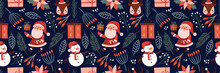 Christmas Pattern With Santa Claus, Snowman, Reindeer
