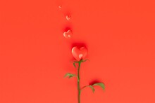 A Declaration Of Love. A Gift In The Form Of A Rose With A Heart And Small Hearts On A Red Background. 3D Render