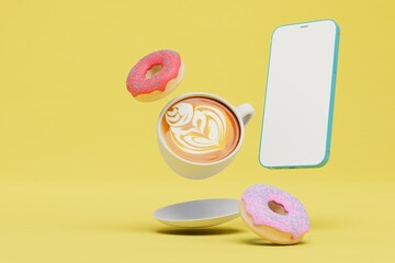 coffee break concept. smartphone, cup of coffee and donut on a yellow background. copy paste. 3D render