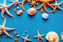  A Blue Background With Sea Shells And Starfish On It's Sides And A Blue Background With A White Border.