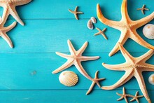  A Group Of Starfishs And Seashells On A Blue Wooden Background With A Blue Background And A Blue Wood Plank.