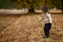Emotional Photo Of A 3 Year Old Sweet Little Girl Collecting Conkers Under A Horse Chestnut Tree In The Autumn