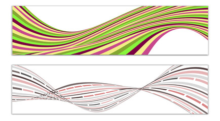 Wavy lines or ribbons. Set of 2 covers. Multicolored striped. Creative unusual background with abstract wave lines for creating a trendy banner, poster. vector eps