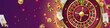 Banner with Golden casino roulette, wheel with flying poker chips, tokens, playing cards, dices, around on purple background with lights, bokeh. Vector illustration for design, advertising.