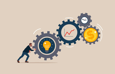 Character is pushing a big gear. Search for a solution to the problem. Symbol of opportunity, improvement, motivation, challenge. Effort and time to make money, success long term investment.