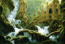 Elven Castle Near Waterfall In The Forest, Magical Fairy World 