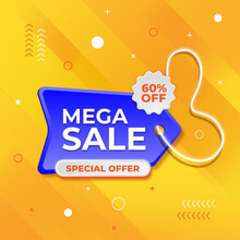 Vector Promo Mega Sale Tag With Percentage Discount. Blue Sale Label With Orange Background, All Include And Editable.