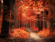 Bright forest with thick fog, colourful misty woods, beautiful autumn landscape.
