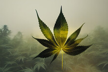 Marijuana Art Poster. Green Cannabis Leaf With Marijuana Plants Covered With Smoke On Background. Cannabis Post Card.