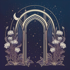 boho frame with flowers, celestial trendy linear style, mystical borders, line art, vector, moon, filagree, dark background, AI generated