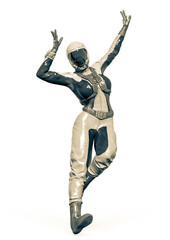 Wall Mural - cosmonaut girl is happy and dancing on white background