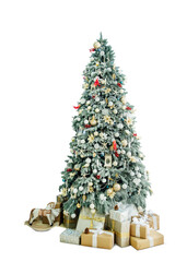 Christmas treeisolated on white. Beautiful New Year decorated home interior. Pastel color boxes with gifts near the tree