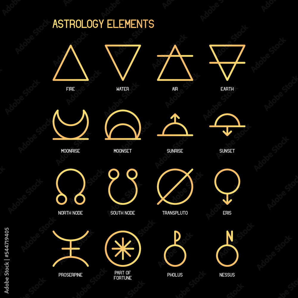 ASTROLOGY ELEMENTS zodiac horoscope thin line label linear design esoteric stylized elements symbols signs. Vector illustration icons