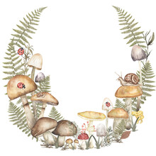 Watercolor Fungi  And Real Fern Leaves Composition, Fungus And Autumn Berries And Insects Illustration. Hand Drawn Watercolor Forest Mushroom Wreath