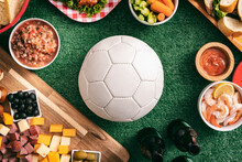 Sports: Blank White Soccer Ball With Tailgate Party Food