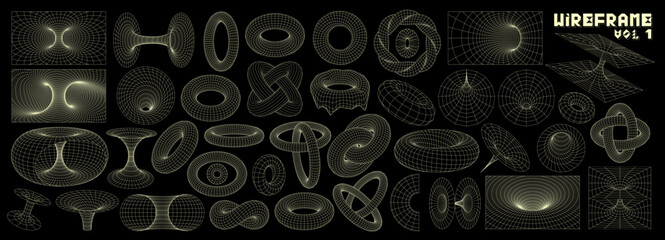 wireframe 3d shapes. tunnel grid, abstract torus surface mesh and geometric vortex vector set