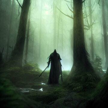 Fantasy illustration of a warrior in a forest