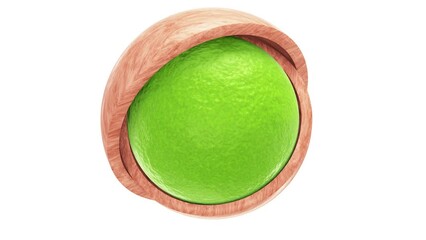 Wall Mural - Realistic looping 3D animation of the spinning beautiful ripe lime peel sphere inside of two polished wood hemispheres rendered in UHD with alpha matte