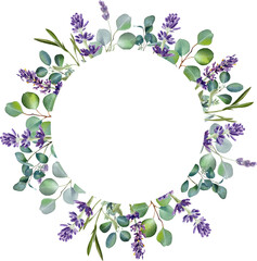 Wall Mural - Watercolor eucalyptus leaves and purple lavender flower. Botanical bouquet, Greenery branches.  Wedding invitation. Floral wreath. Floral illustration isolated on transparent background . 