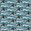 Vector seamless pattern with hand-drawn waves and swimming killer whales in retro style. Decorative repeating sea or ocean illustration, blue storm waves with sea foam breakers