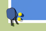 Fototapeta Dmuchawce - Pickleball paddles and balls on court, illuminated sunshine. Top view, place for text. 3d illustration, render.