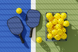 Fototapeta Dmuchawce - Two Pickleball paddles and basket of balls on court under the shadow of the grid. Top view. 3d illustration, render.