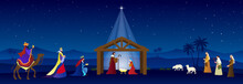 Christmas Nativity Scene. The Adoration Of Three Wise Men In The Desert. Greeting Card Banner Background.