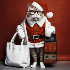 Wall Mural - White cat wearing Santa Claus clothes, hat and glasses posing on red background with shopping bag. Funny Christmas cat. Advertising, shopping, winter holidays, delivery concept. Shopping frenzy