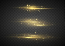 Yellow Soft Horizontal Neon Lines And Lights. Set Of Abstract Lens Flares. Flash Gold Line Motion. Laser Sparkle Beams, Glowing Speed Rays, Dust Sparks Light Effect. Luminous Sparkling Lined. Vector